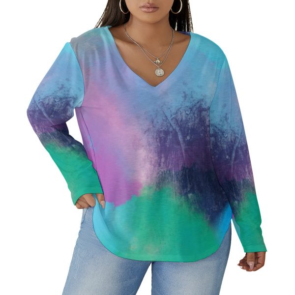 All-Over Print Women's V-neck T-shirt With Curved Hem(Plus Size)