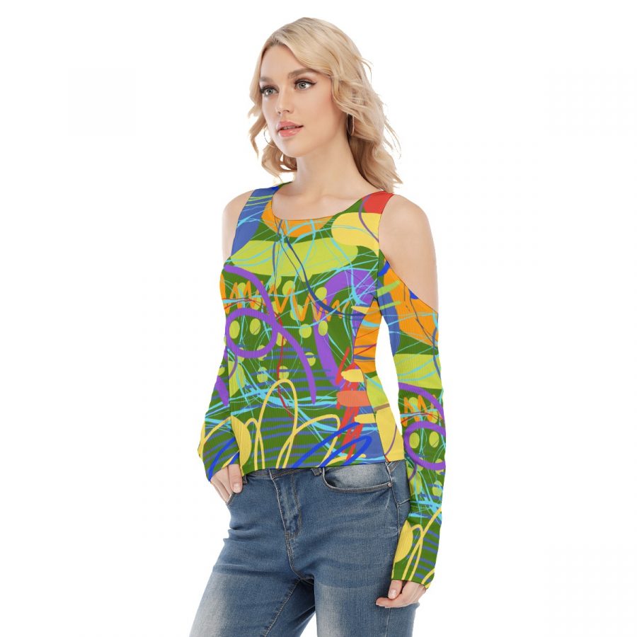 All-Over Print Women's Cold Shoulder Round Neck Long Sleeves Blouse - Image 3