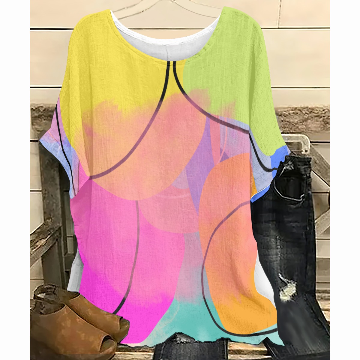 All-Over Print Women's T-shirt with Bat Sleeve