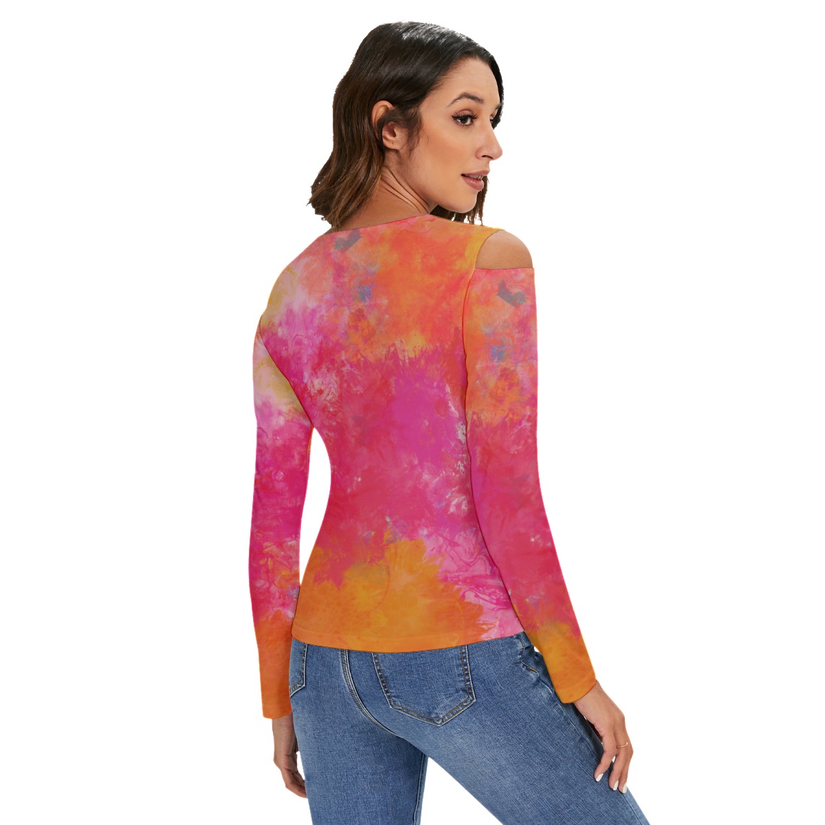 All-Over Print Women's Cold Shoulder Half Zip V-Neck Blouse - Image 4