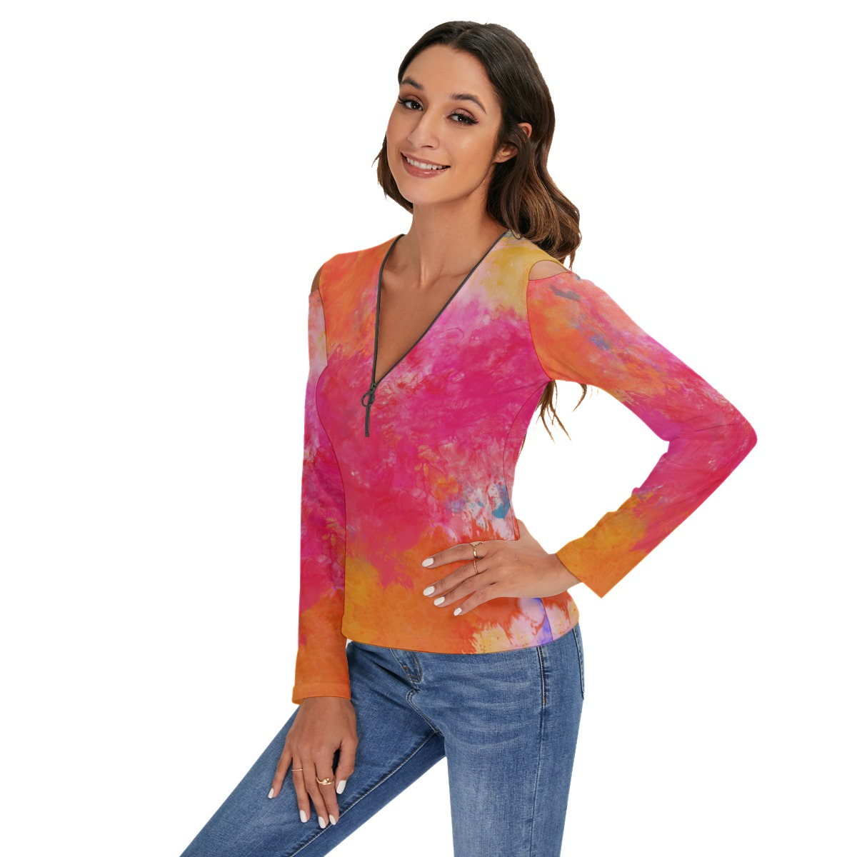 All-Over Print Women's Cold Shoulder Half Zip V-Neck Blouse - Image 3
