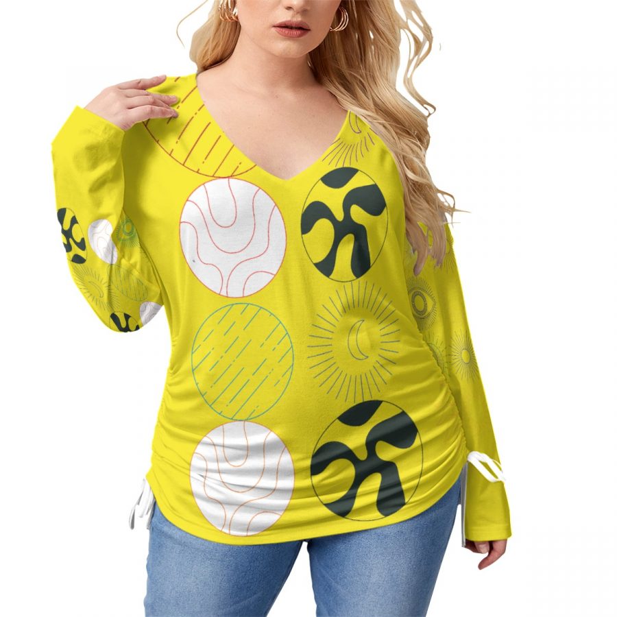 All-Over Print Women’s V-neck T-shirt With Side Drawstring(Plus Size)