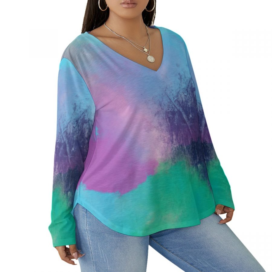 All-Over Print Women's V-neck T-shirt With Curved Hem(Plus Size) - Image 3