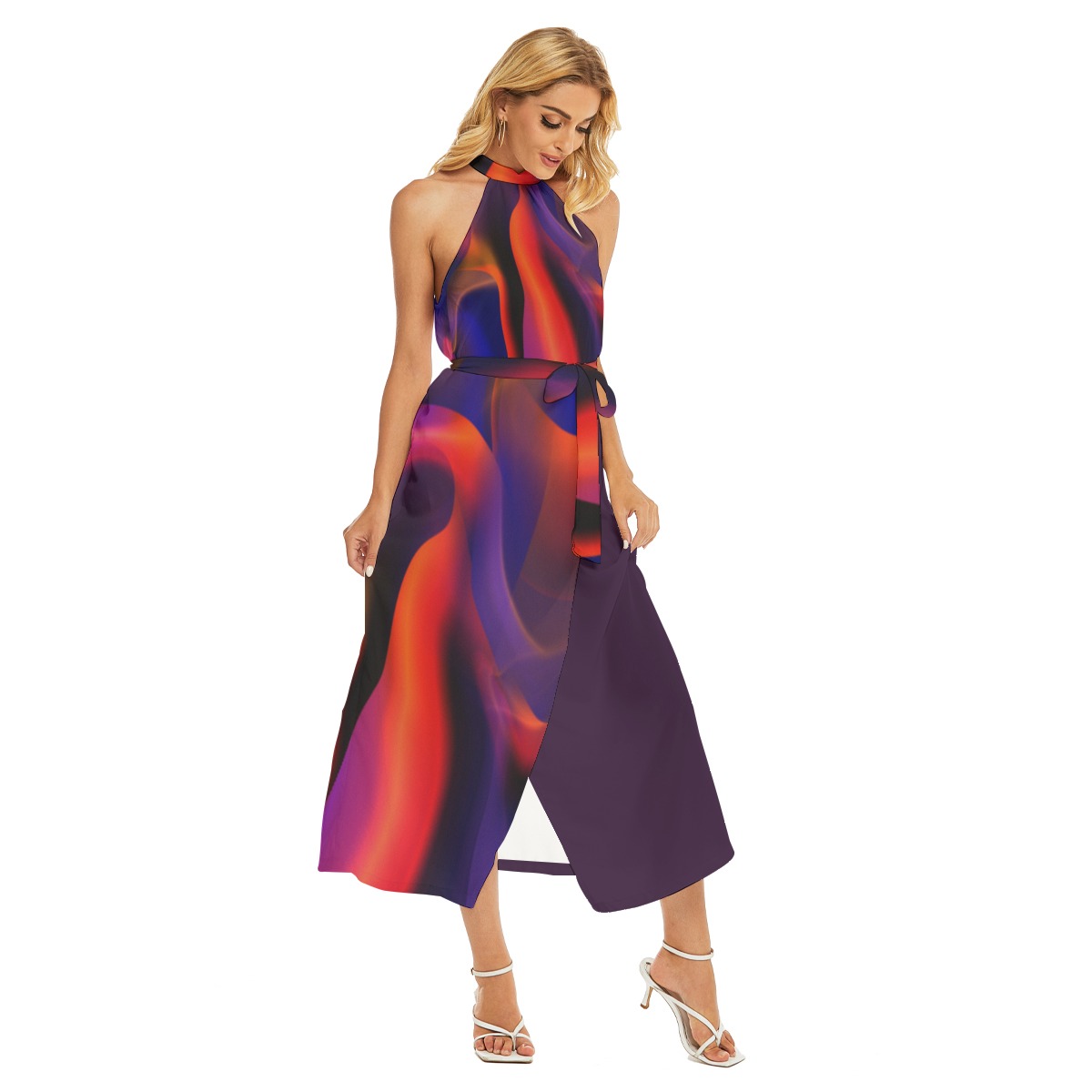 All-Over Print Women's Wrap Hem Belted Halter Dress - Image 2