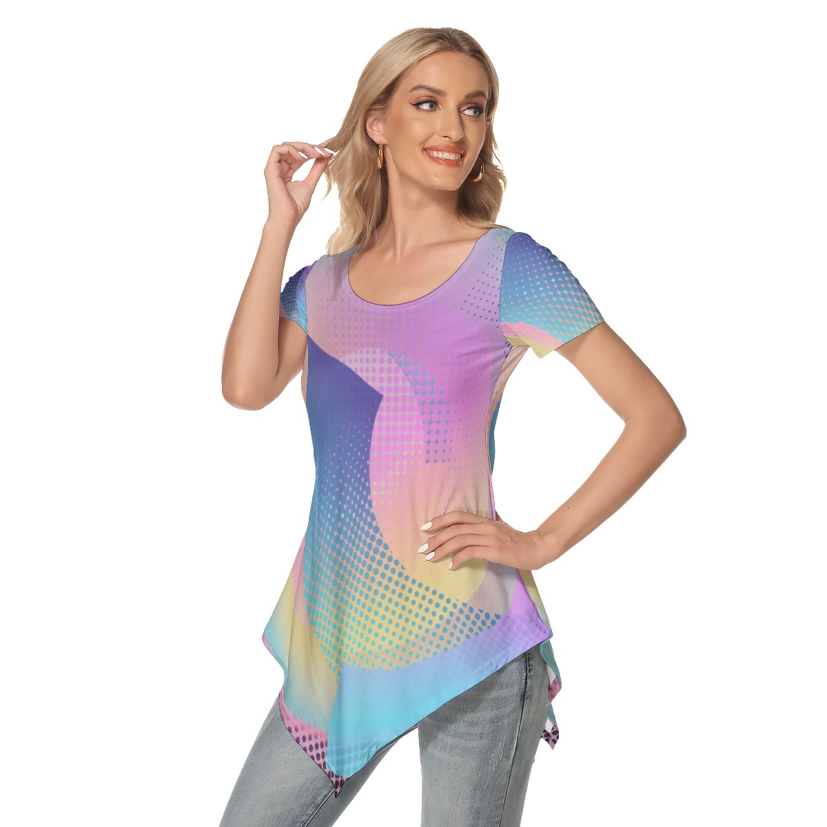 All-Over Print Women's Irregular Hem Short Sleeve T-shirt - Image 2