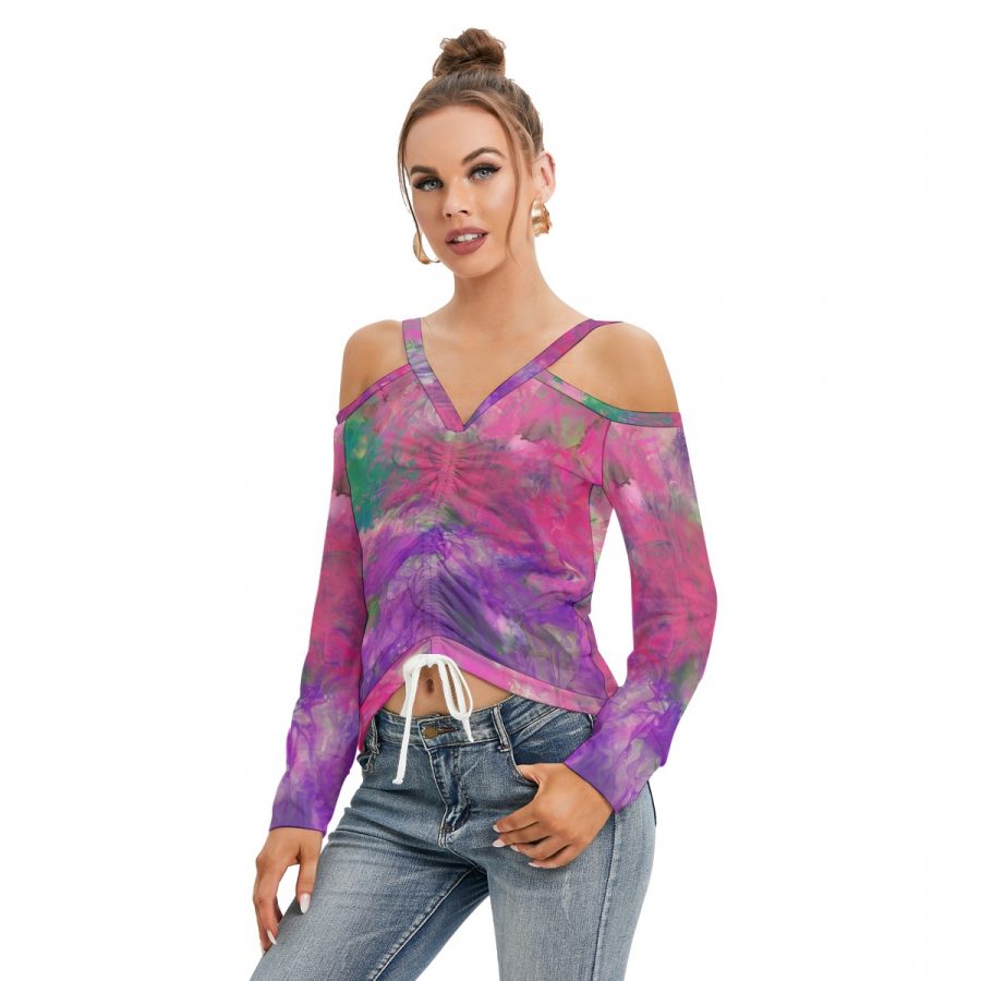 All-Over Print Women’s V-neck Cold Shoulder Blouse With Long Sleeve - Image 3