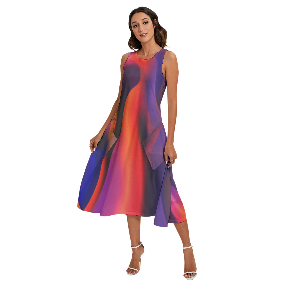 All-Over Print Women's Sleeveless Dress With Diagonal Pocket - Image 3