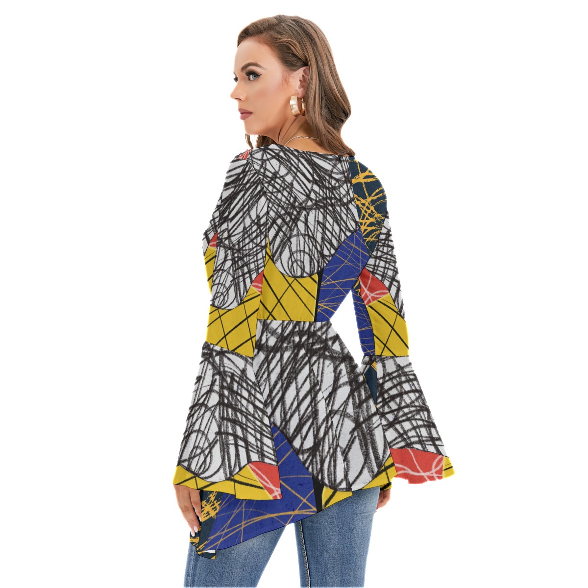 All-Over Print Women's V-neck Blouse With Flared Sleeves - Image 4