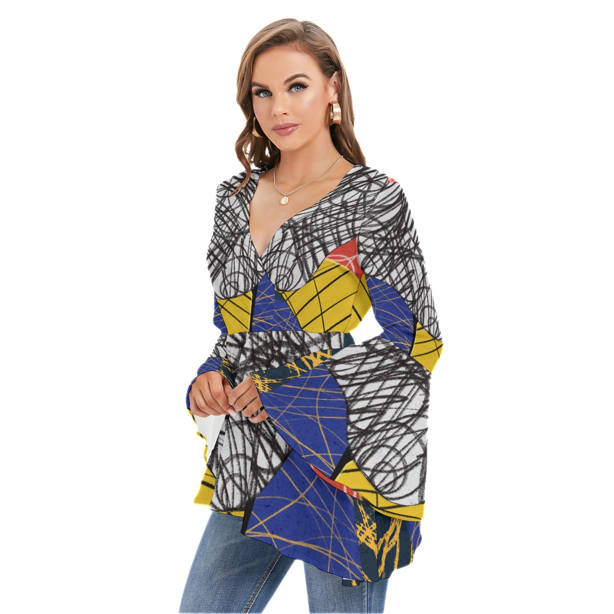 All-Over Print Women's V-neck Blouse With Flared Sleeves - Image 3