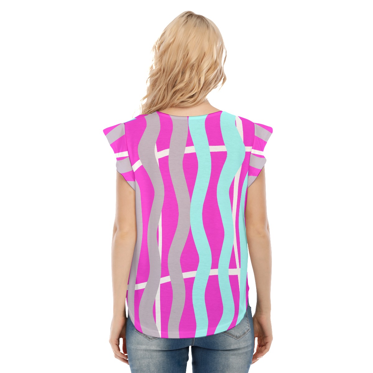 All-Over Print Women's O-neck T-shirt With Ruffle Sleeves - Image 4