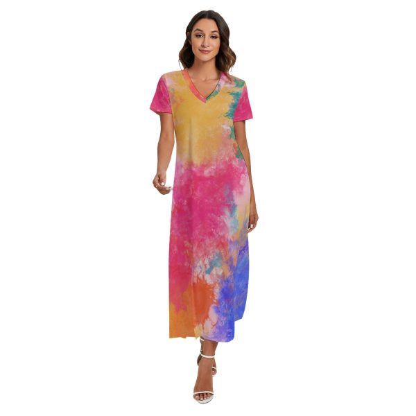 All-Over Print Women's V-neck Dress With Short Sleeve