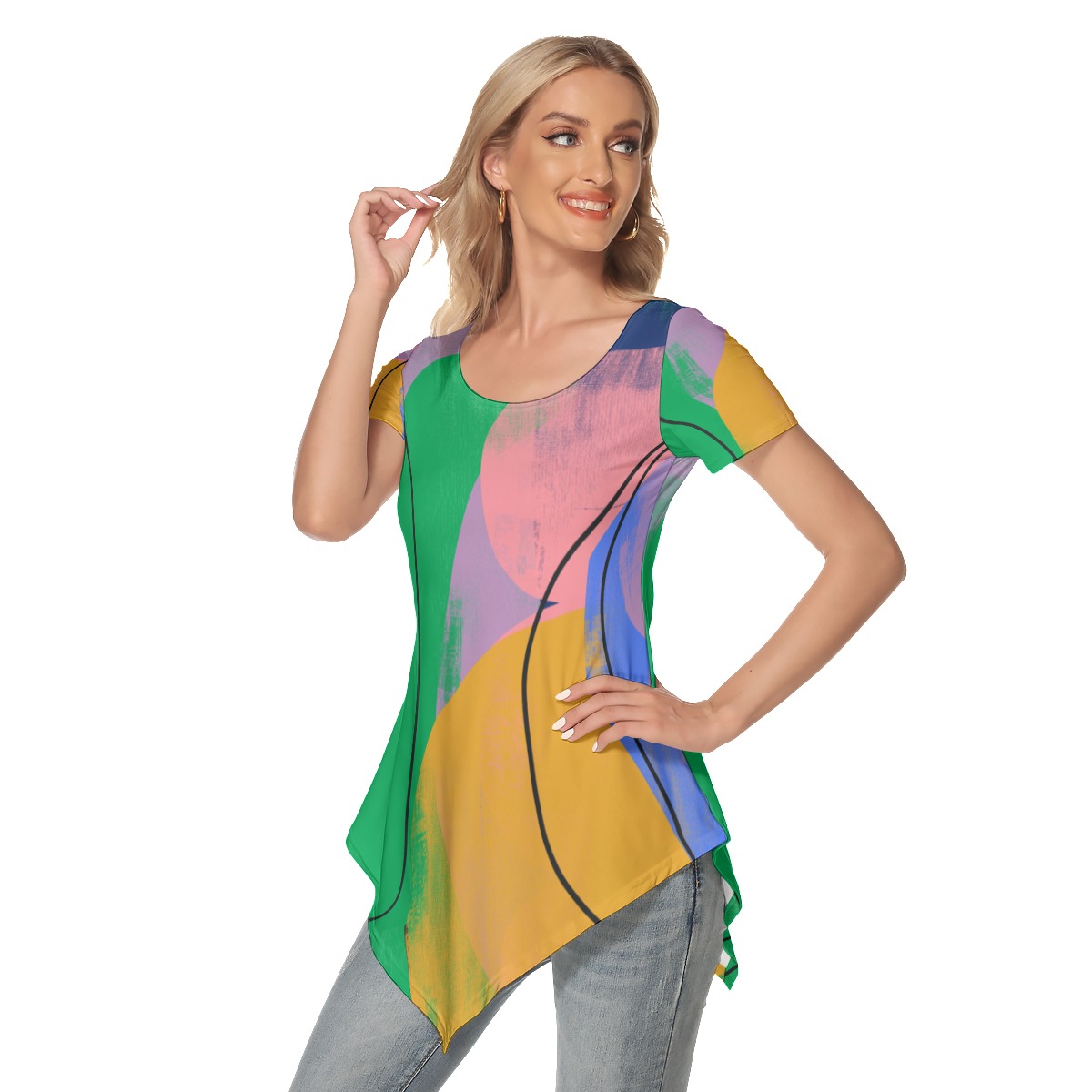 All-Over Print Women's Irregular Hem Short Sleeve T-shirt - Image 2