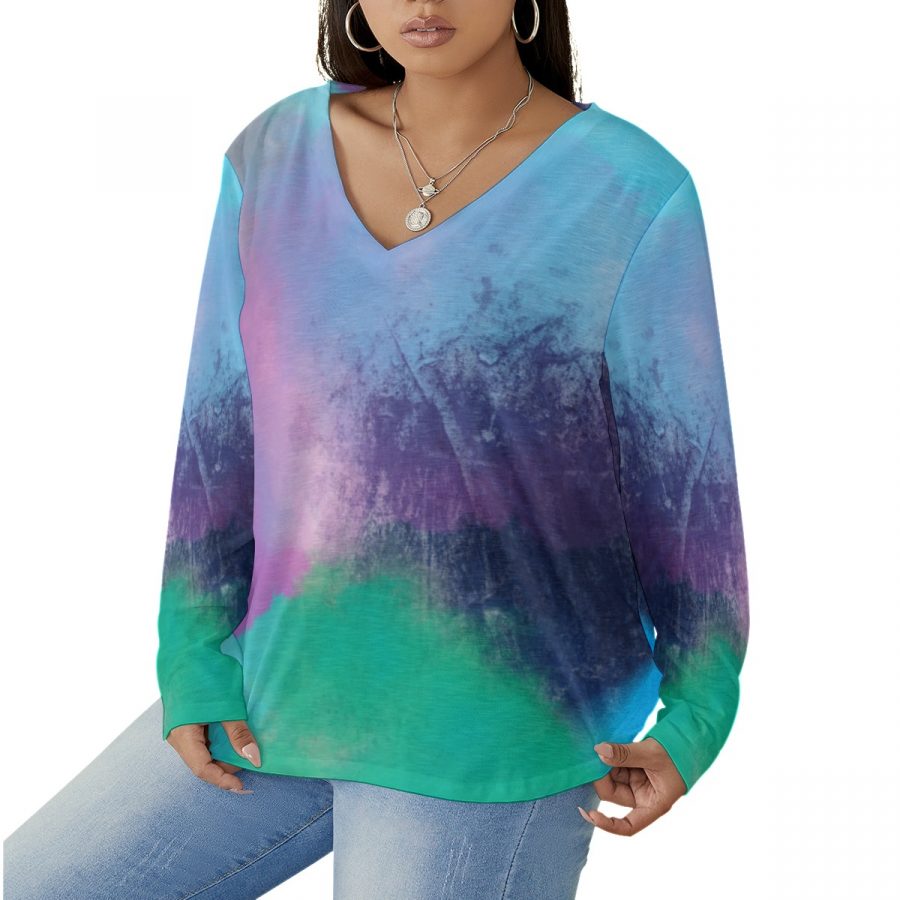 All-Over Print Women's V-neck T-shirt With Curved Hem(Plus Size) - Image 2