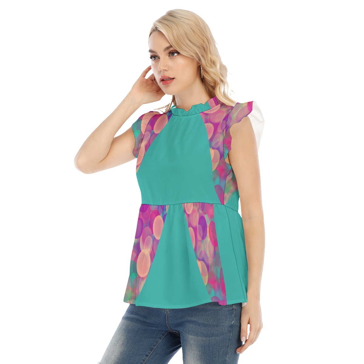 All-Over Print Women's Blouse With Lotus Leaf Lace - Image 3