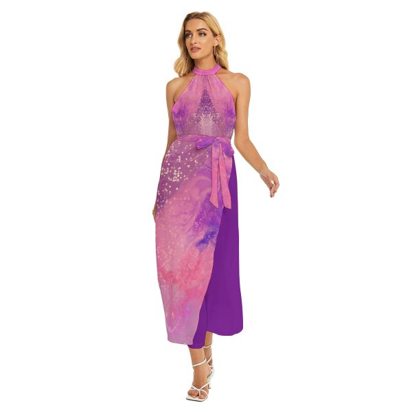 All-Over Print Women's Wrap Hem Belted Halter Dress