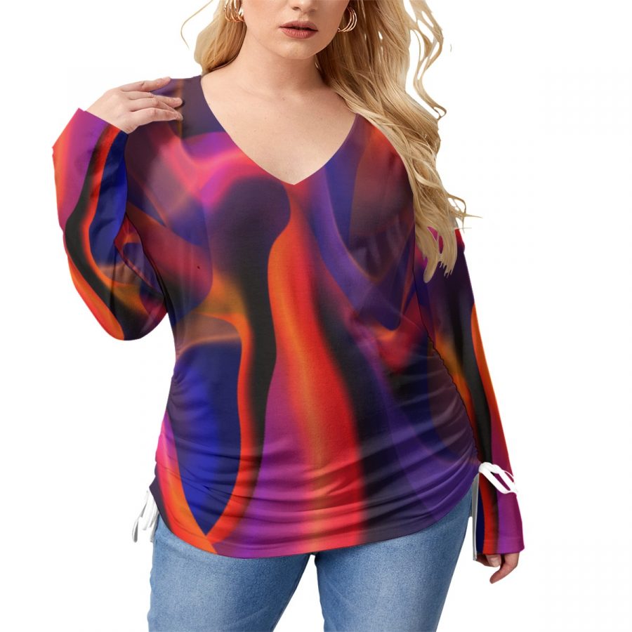 All-Over Print Women’s V-neck T-shirt With Side Drawstring(Plus Size)