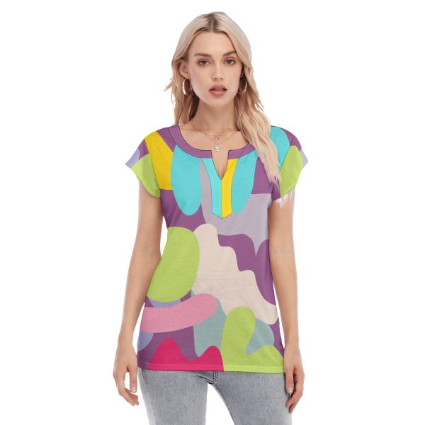 All-Over Print Women's Collarless Deep V-neck Short Sleeves Blouse