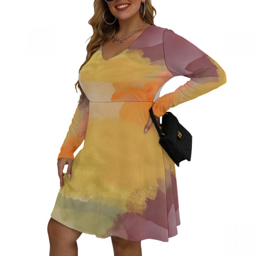 All-Over Print Women's V-neck Long Sleeve Dress(Plus Size) - Image 3