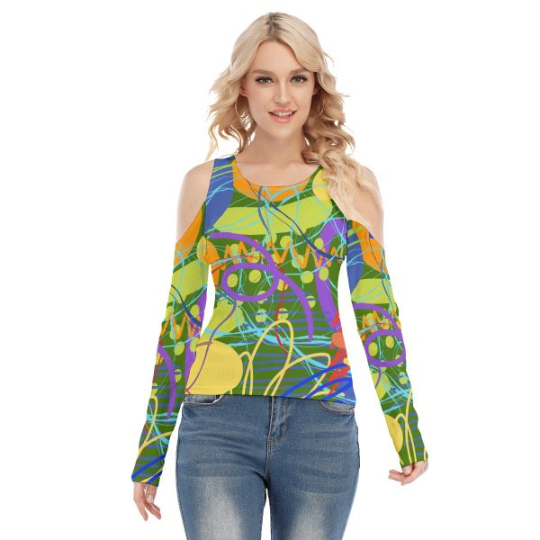 All-Over Print Women's Cold Shoulder Round Neck Long Sleeves Blouse