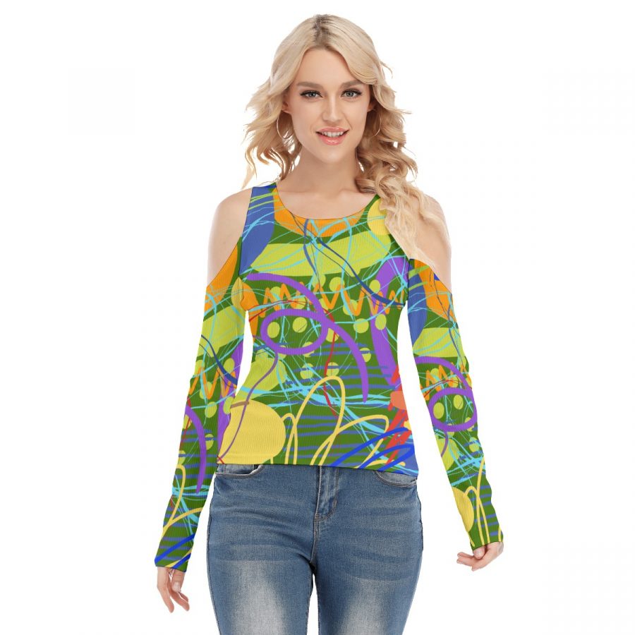 All-Over Print Women's Cold Shoulder Round Neck Long Sleeves Blouse