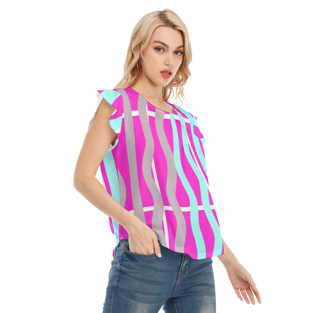 All-Over Print Women's O-neck T-shirt With Ruffle Sleeves - Image 3