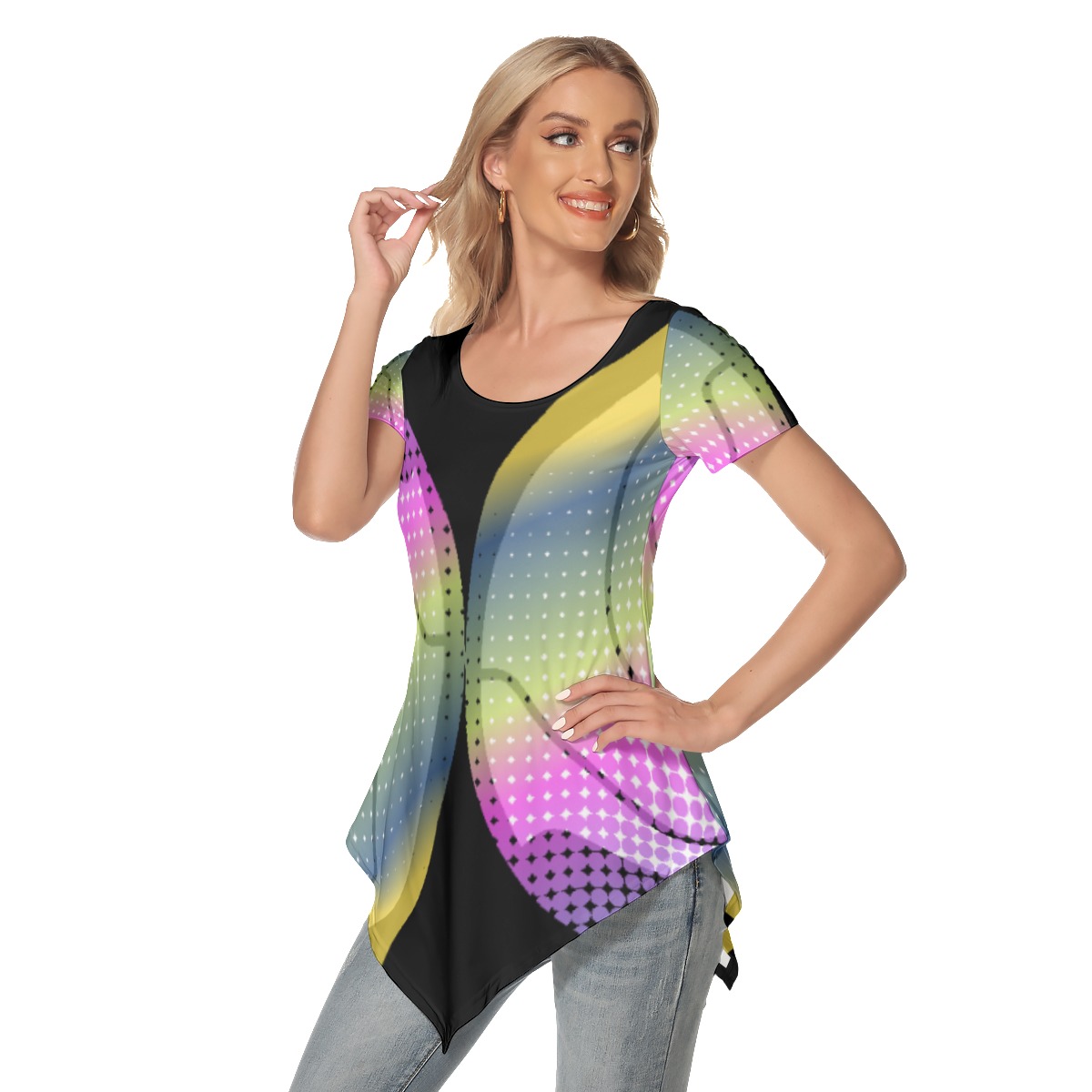 All-Over Print Women's Irregular Hem Short Sleeve T-shirt - Image 2