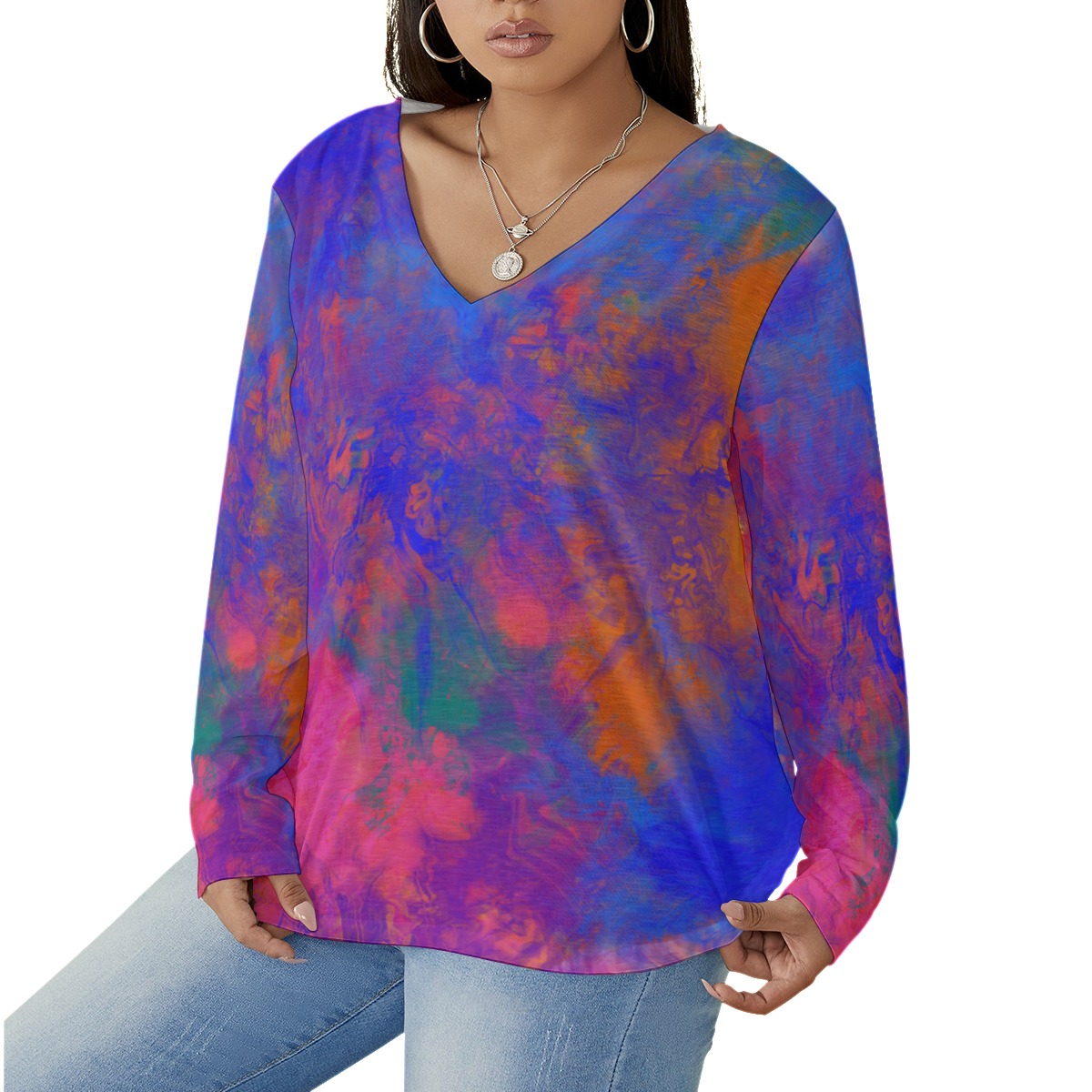 All-Over Print Women's V-neck T-shirt With Curved Hem(Plus Size) - Image 2