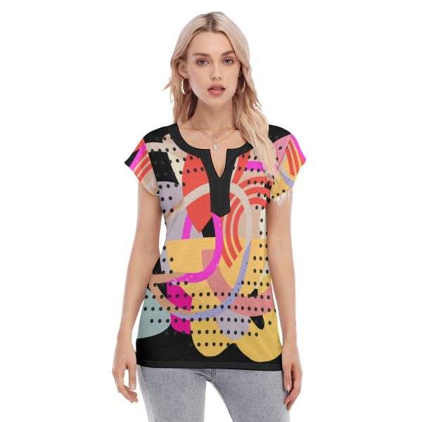 All-Over Print Women's Collarless Deep V-neck Short Sleeves Blouse