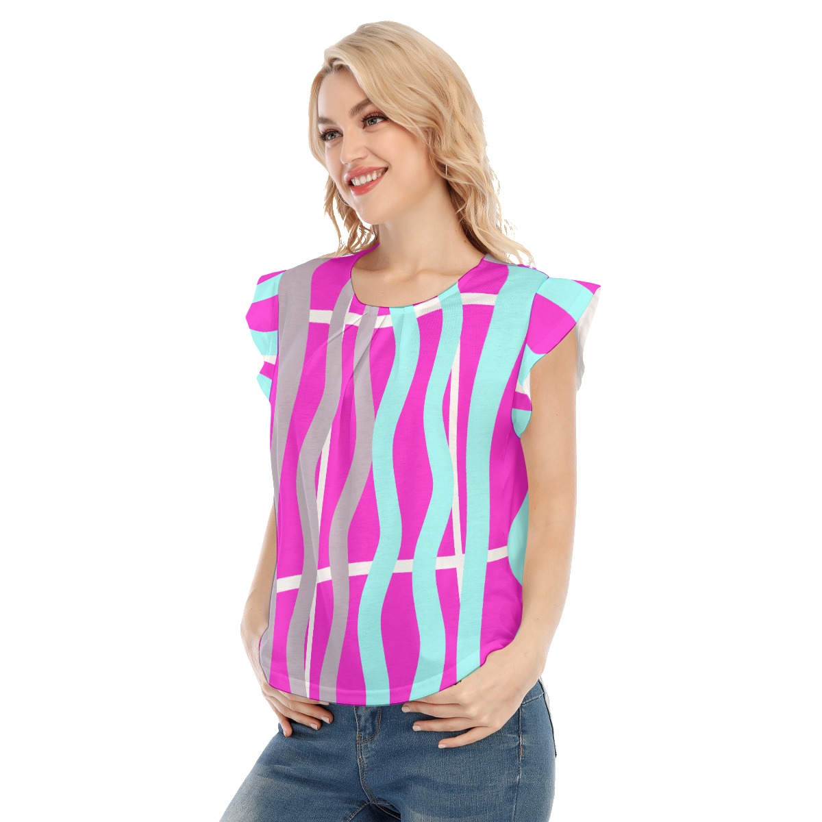 All-Over Print Women's O-neck T-shirt With Ruffle Sleeves - Image 2