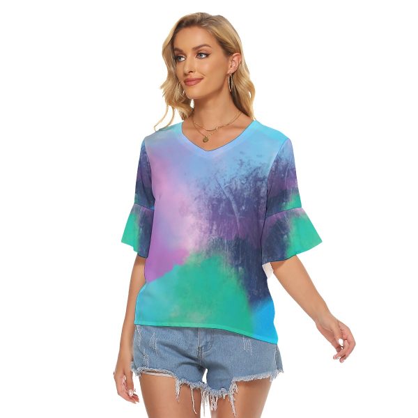 All-Over Print Women's V-neck T-shirt With Lotus Sleeve