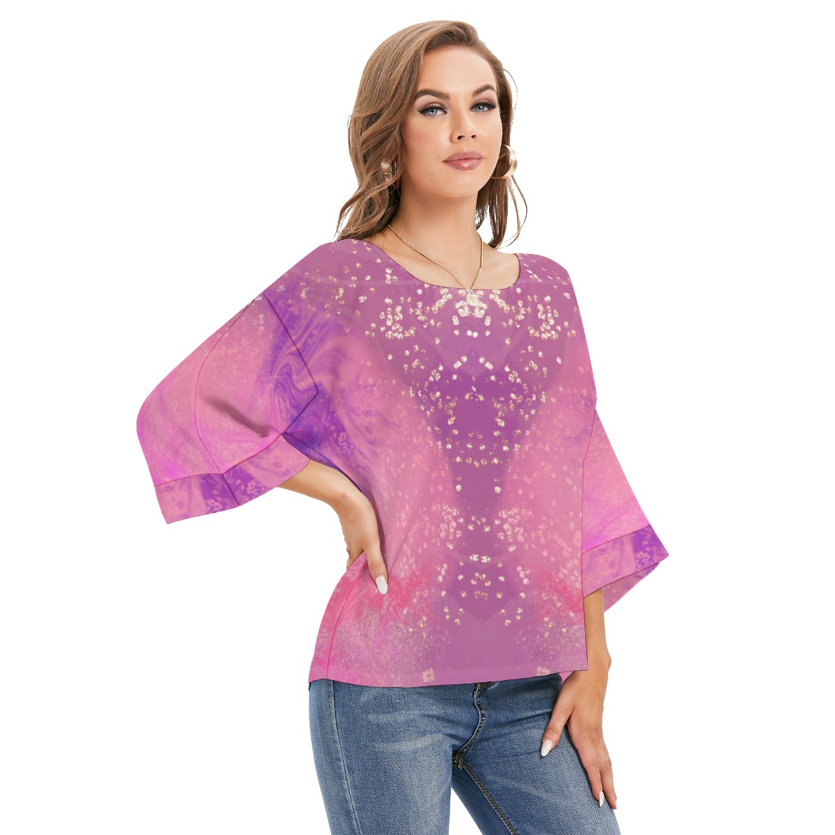 All-Over Print Women's Blouse With Turn-over sleeves - Image 2