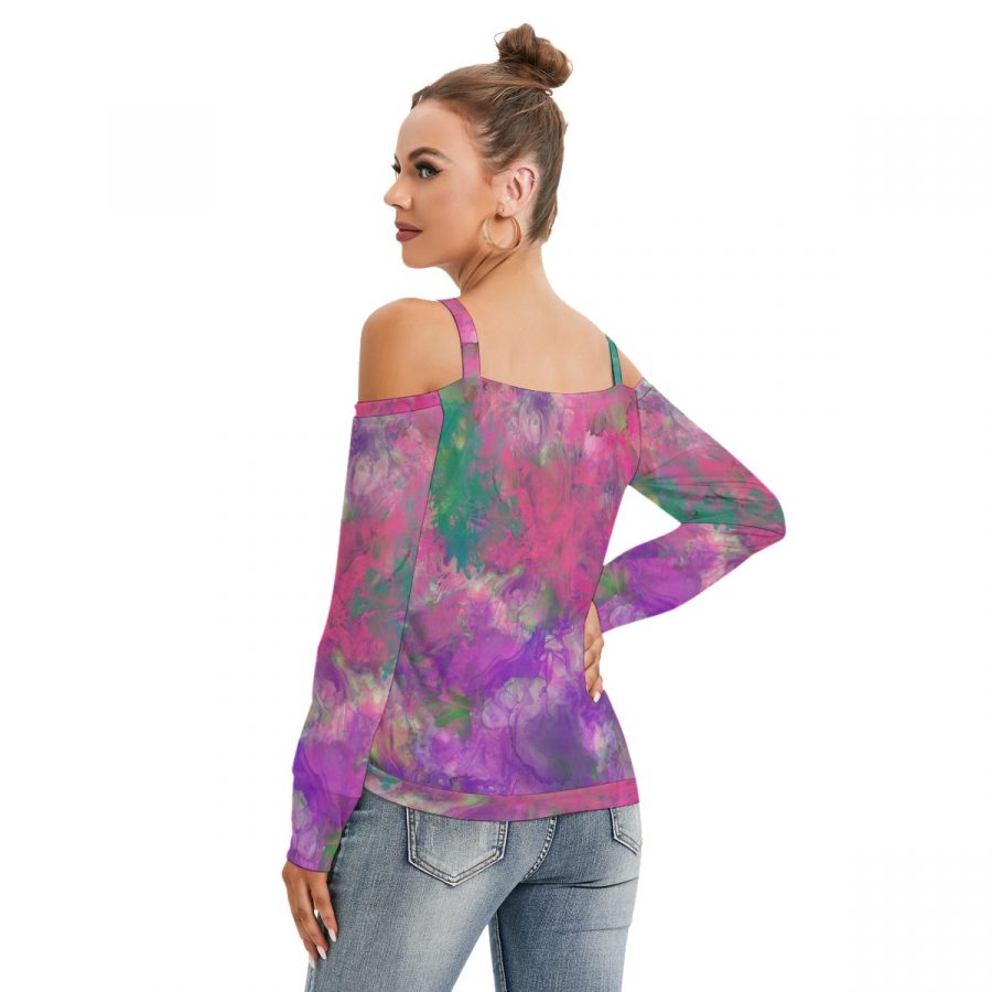 All-Over Print Women’s V-neck Cold Shoulder Blouse With Long Sleeve - Image 4