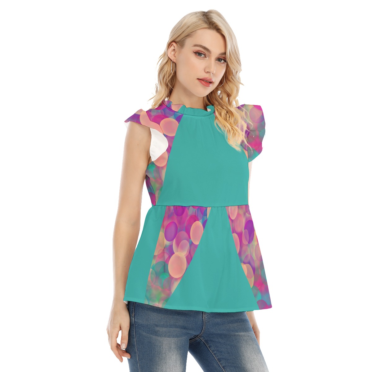 All-Over Print Women's Blouse With Lotus Leaf Lace - Image 2