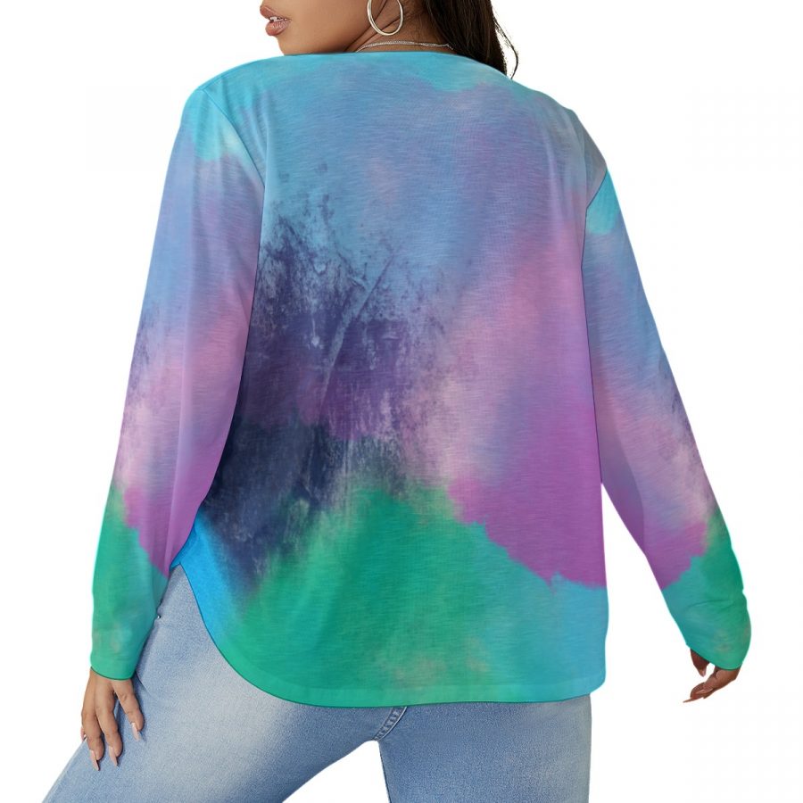 All-Over Print Women's V-neck T-shirt With Curved Hem(Plus Size) - Image 4