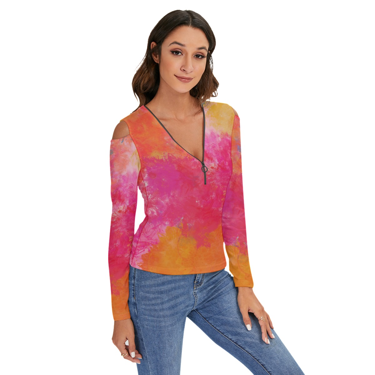 All-Over Print Women's Cold Shoulder Half Zip V-Neck Blouse - Image 2