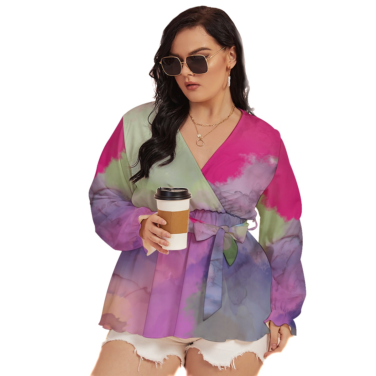 All-Over Print Women's V-neck T-shirt With Waistband (Plus Size)