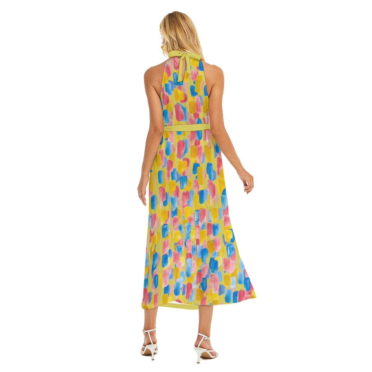 All-Over Print Women's Wrap Hem Belted Halter Dress - Image 4