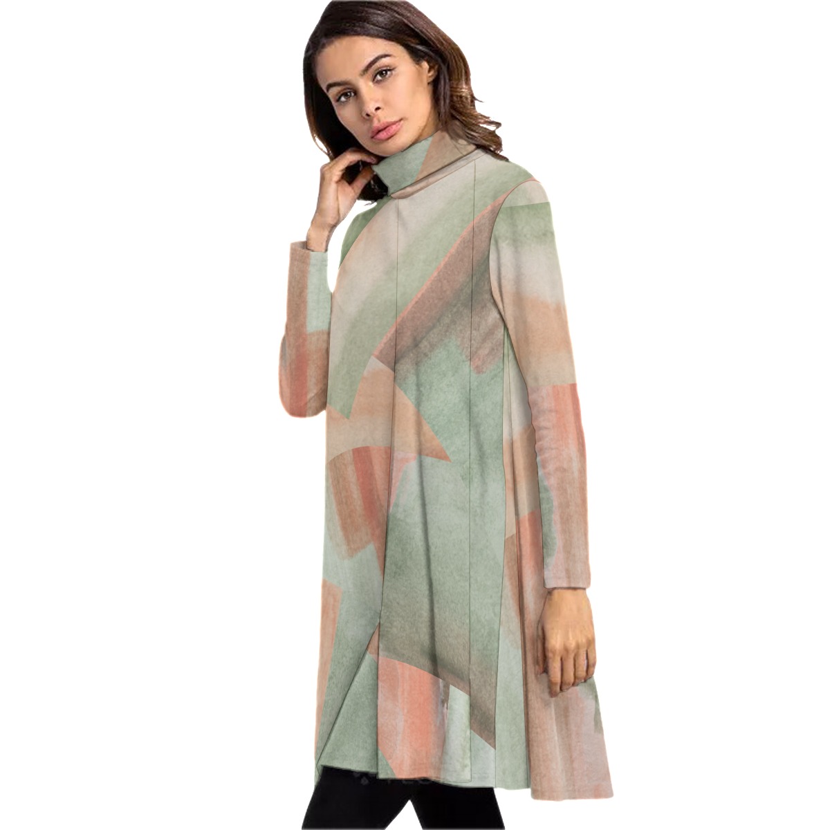 All-Over Print Women's High Neck Dress With Long Sleeve - Image 3