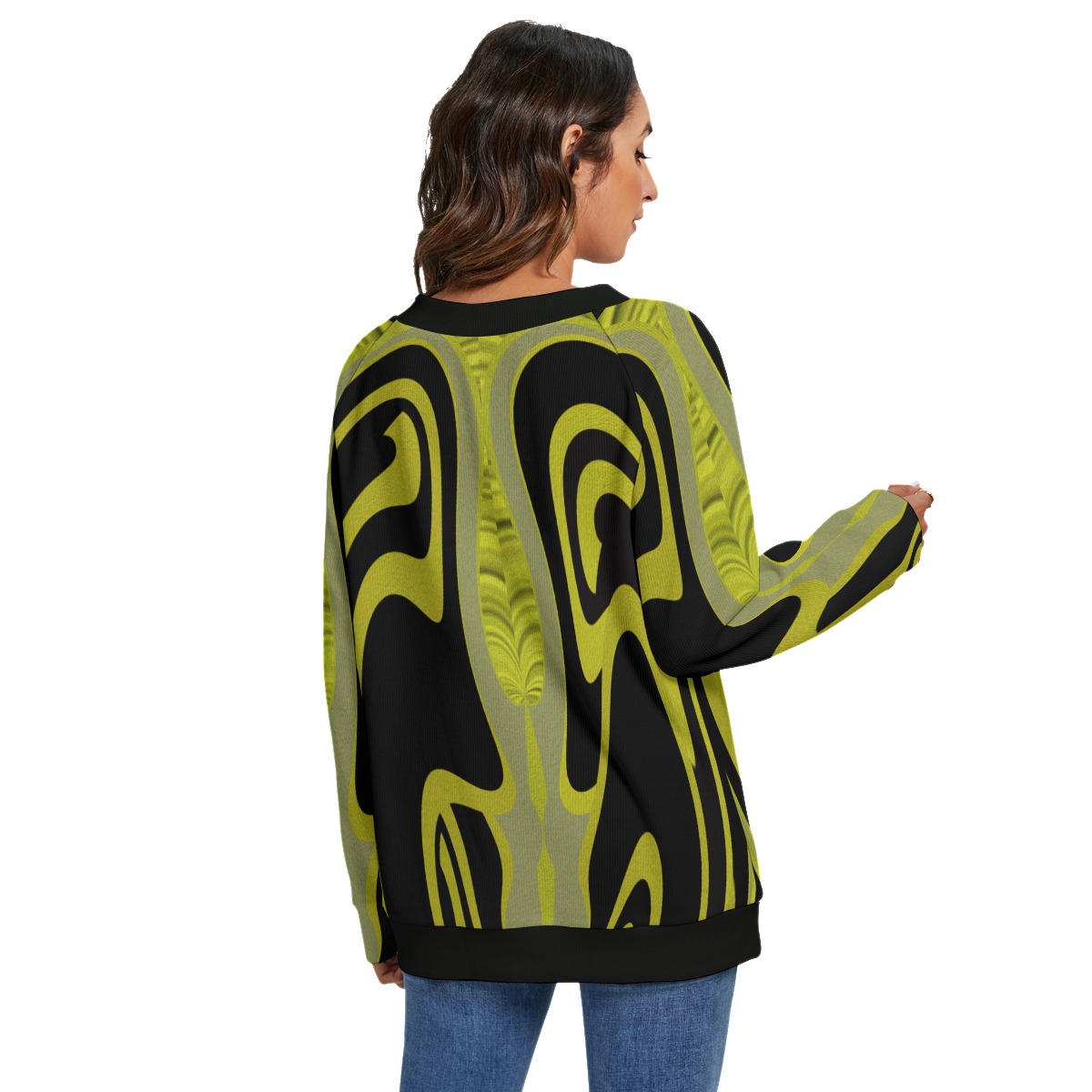 All-Over Print Women's V-neck Imitation Knitted Swteater With Long Sleeve - Image 4