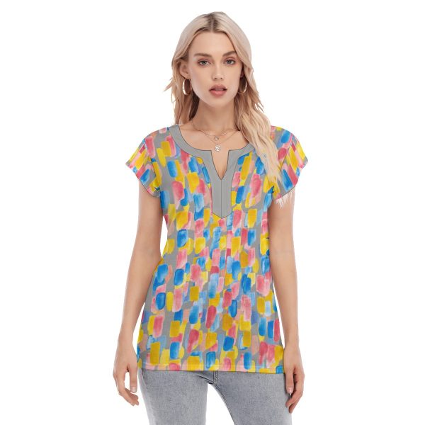 All-Over Print Women's Collarless Deep V-neck Short Sleeves Blouse