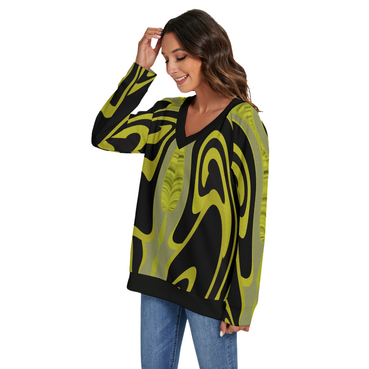 All-Over Print Women's V-neck Imitation Knitted Swteater With Long Sleeve - Image 3