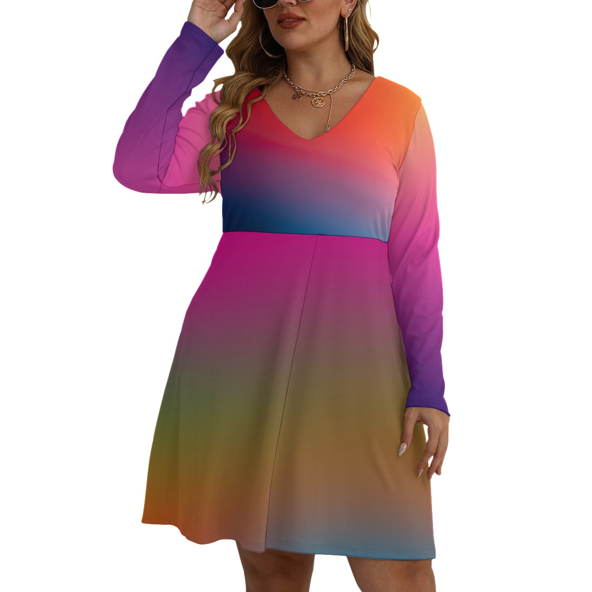 All-Over Print Women's V-neck Long Sleeve Dress(Plus Size) - Image 2