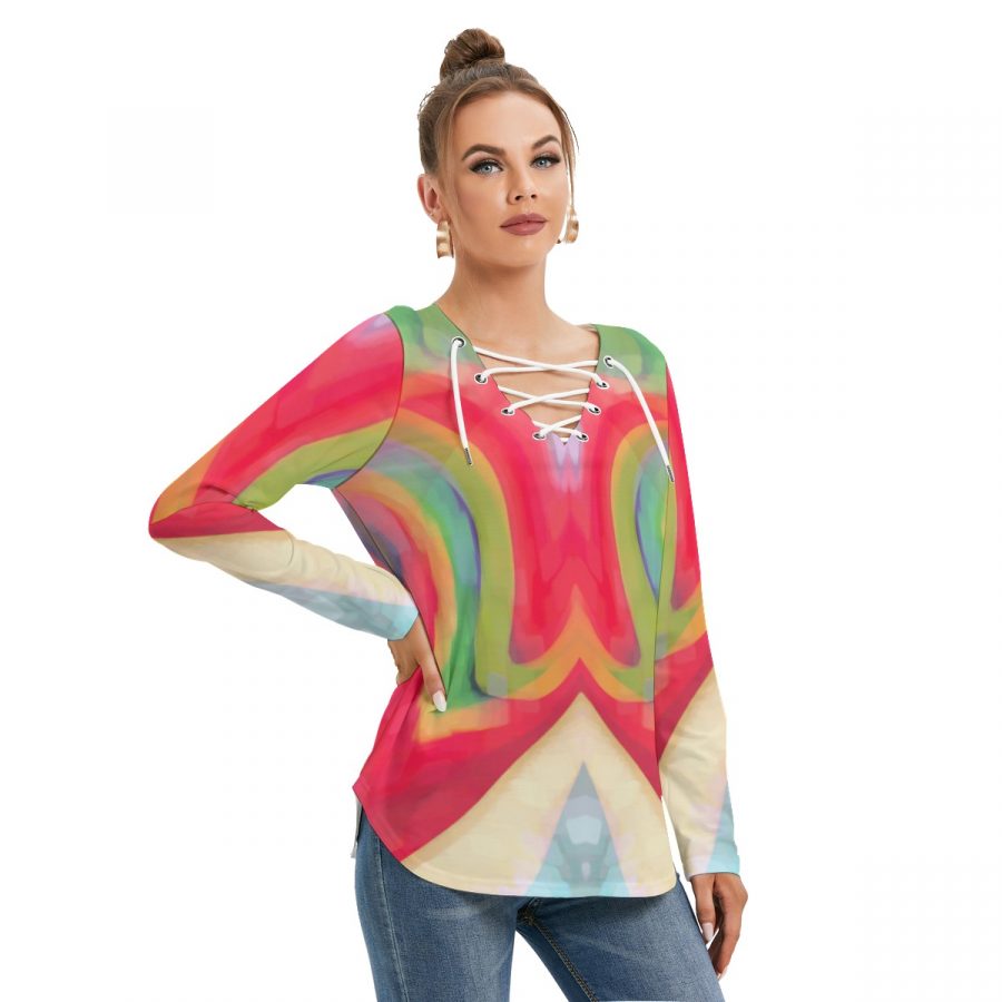All-Over Print Women's Long Sleeve Neckline Tie Sweatshirt - Image 2