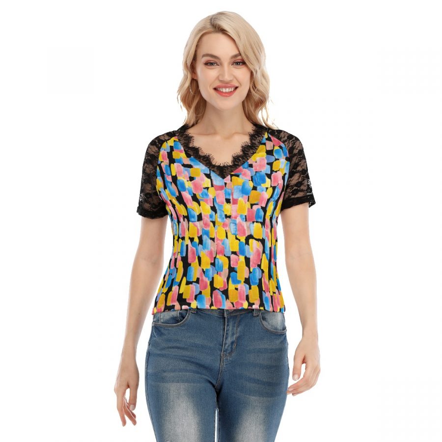 All-Over Print Women's V-neck T-shirt With Lace