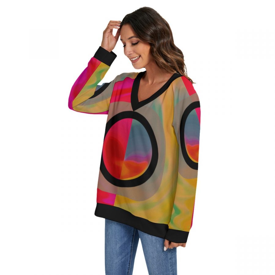 All-Over Print Women's V-neck Imitation Knitted Swteater With Long Sleeve - Image 3