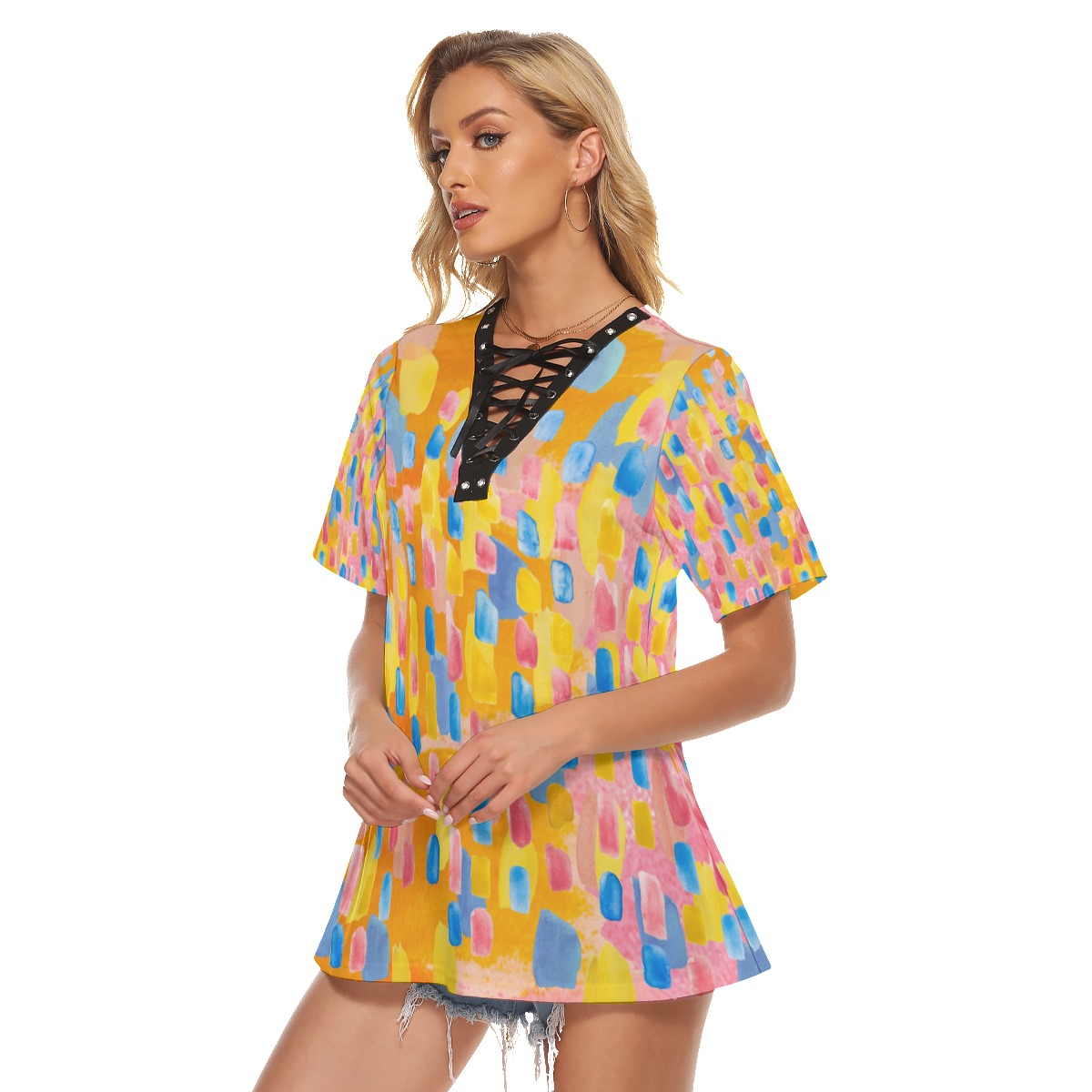 All-Over Print Women's V-neck Short-sleeved T-shirt With Webbing - Image 2