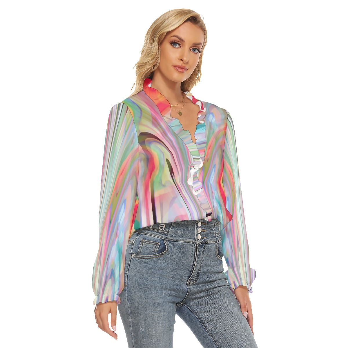 All-Over Print Women's Pleated Collar V-neck Shirt - Image 3