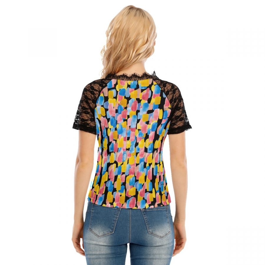All-Over Print Women's V-neck T-shirt With Lace - Image 4