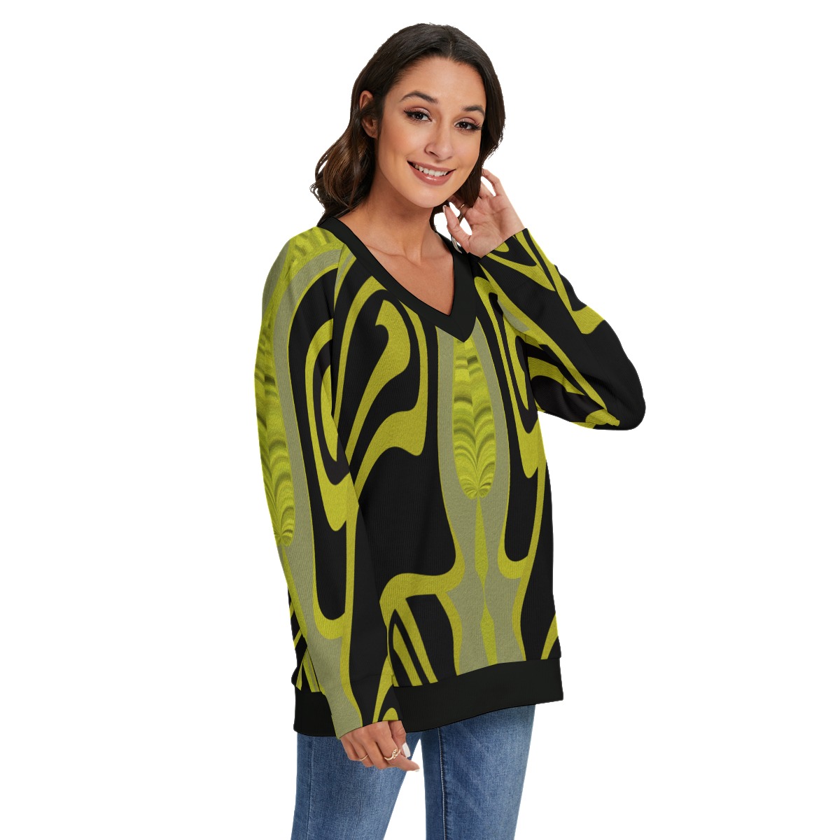 All-Over Print Women's V-neck Imitation Knitted Swteater With Long Sleeve - Image 2