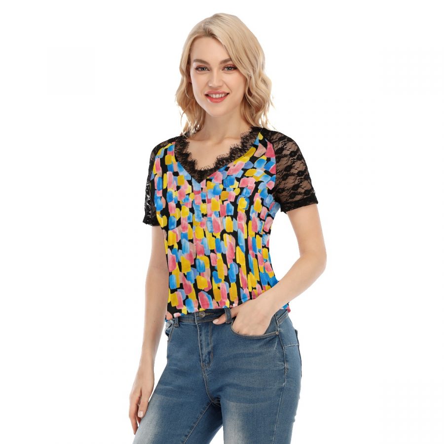 All-Over Print Women's V-neck T-shirt With Lace - Image 3